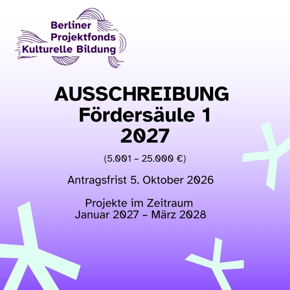 Text in Bild: Ausschreibung Fördersäule 1 2027, 5.001-25.000 €, Antragsfrist 5.10. Projekte im Zeitraum Januar 2027 bis März 2028
