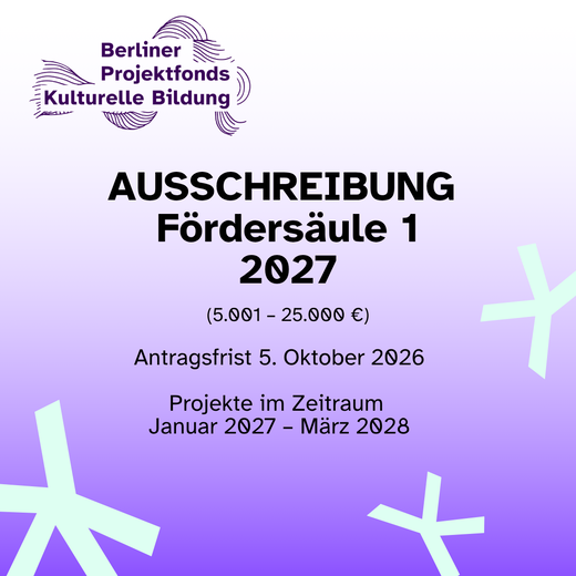Text in Bild: Ausschreibung Fördersäule 1 2027, 5.001-25.000 €, Antragsfrist 5.10. Projekte im Zeitraum Januar 2027 bis März 2028
